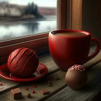 Brown hot chocolate bomb in red ceramic mug on red ceramic saucer side view on window, hot cocoa in red mug photo