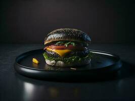 sabroso hamburguesa con oscuro bollos, en negro lámina. foto