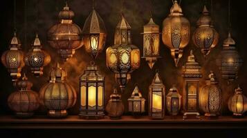 Islamic holiday background. Muslim Holy Ramadan Kareem Ornamental Arabic Lantern metal. Ai generated photo
