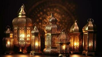 Islamic holiday background. Muslim Holy Ramadan Kareem Ornamental Arabic Lantern metal. Ai generated photo