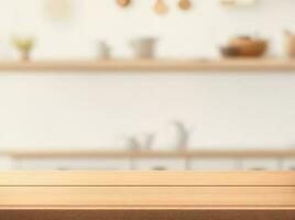 Wooden table looking out to a defocussed modern kitchen background photo