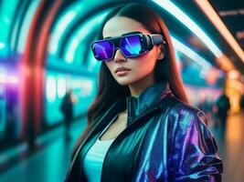 mujer en vr lentes a subterraneo o centro comercial, prety niña en el futuro foto