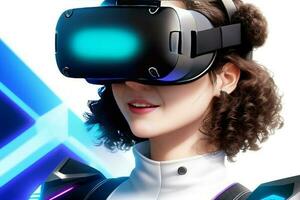 Curly hair girl wearing VR headset, Virtual reality glasses photo