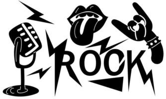 A set of elements of punk rock and roll. Vector illustrations of hard rock, signs, lightning microphone, tongue, hands. Cartoon rock star badges for music group, concert, party. Isolated on a white