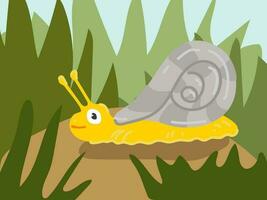 Illustration of a cartoon snail in the grass on the ground. An illustration with a funny snail. A yellow snail at its usual place of residence. Children's illustration, printing for children's books vector