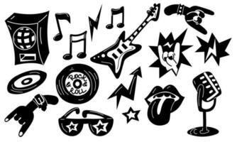 A set of elements of punk rock and roll. Vector illustrations of hard rock, signs, objects, symbols. Cartoon rock star icon for music group, concert, party. Isolated on a white background