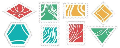 A set of abstract postage stamps in calm colors and a white pattern. A collection with linear textures for pasting on postal envelopes. Illustration with doodles vector