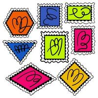 A set of abstract postage stamps in a bright color scheme and a black pattern. A collection with linear textures for pasting on postal envelopes. Illustration with doodles vector