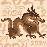 A wooden dragon with a background of numbers 2024. Cartoon dragon in brown shades in the concept of the character of the year. Asian dragon. The oriental theme of the holiday. Symbol of the Year 2024 vector