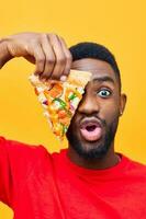 smile man weight background black happy food studio delivery pizza fast food guy photo