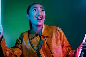Woman yellow green fashion beauty light brunette trendy disco body colorful neon photo