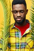 man fun black stylish yellow happy tree palm smiling fashion tropical african american photo