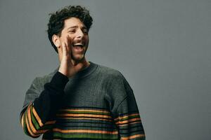 Man trendy fashion handsome sweater hipster portrait smile attractive copyspace face photo