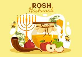 Happy Rosh Hashanah Vector Illustration of Jewish New Year Holiday with Apple, Pomegranate, Honey and Bee in Flat Cartoon Hand Drawn Templates