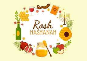 Happy Rosh Hashanah Vector Illustration of Jewish New Year Holiday with Apple, Pomegranate, Honey and Bee in Flat Cartoon Hand Drawn Templates