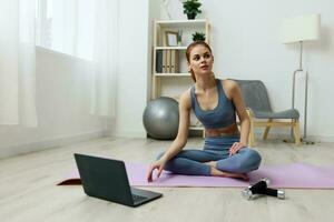 mat woman video health training lifestyle home yoga lotus care laptop photo