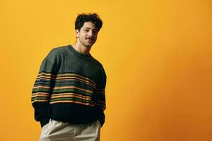 Man background orange happy trendy sweater portrait smile fashion photo