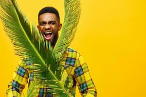 american man black ethnicity happy fun tropical yellow stylish tree fashion palm african photo