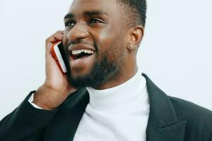 man mobile phone young smile black african happy internet businessman technology photo