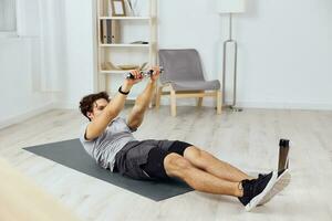 sport man activity health indoor home lifestyle dumbbells gray body training photo