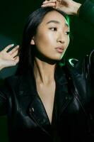 Woman colourful stylish trendy portrait smoke neon concept green light art photo