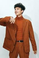 Trendy man portrait fashion beige lifestyle student photo