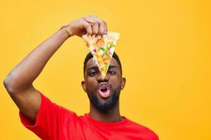 man smile pizza fast slice food black background red food delivery happy guy photo