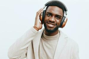 black man african dj isolated music style portrait american fashion guy headphones background photo