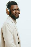 headphones man american emotion black fashion background african dj music guy one portrait photo