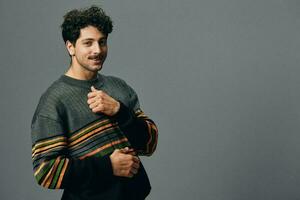 Smile man face hipster happy trendy sweater fashion style portrait handsome copyspace photo