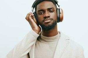 head man fashion portrait posing background guy american music black dj african headphones photo