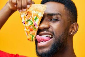 man black guy delivery studio smile food happy fast pizza food background red photo