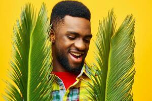 fun man stylish tree american black tropical skin yellow african happy fashion palm photo
