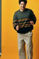 Background man portrait trendy sweater orange fashion photo