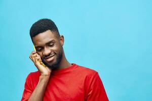 man background cyberspace mobile young mockup phone black smile african happy technology photo