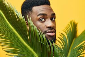 tropical man african male american palm happy fun tree yellow black fashion stylish photo