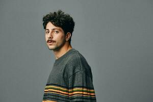 Man trendy beard lifestyle friendly fashion handsome sweater portrait hipster smile copyspace face photo