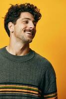 Man background orange sweater trendy portrait fashion photo