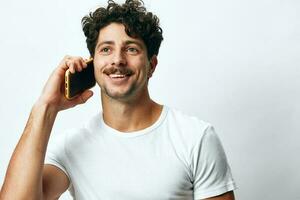 Man technology hipster portrait online lifestyle app white phone message t-shirt photo