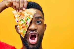 man background happy delivery black food pizza studio guy red food smile fast photo