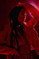 Woman concept red light portrait gorgeous caucasian colourful trendy neon modern fashion art photo