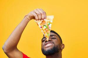 man fast food standing red guy happy pizza smile background food delivery black photo