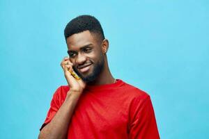 screen man mobile phone technology young african cellphone happy background smile black photo