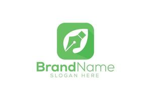 Green leaf and pen logo design vector template