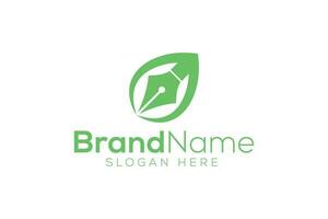 Green leaf and pen logo design vector template