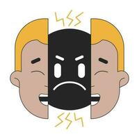 Two faced flat line concept vector spot illustration. Hypocrite fake guy split face 2D cartoon outline character on white for web UI design. Bipolar disorder editable isolated color hero image