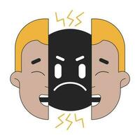 Two faced flat line concept vector spot illustration. Hypocrite fake guy split face 2D cartoon outline character on white for web UI design. Bipolar disorder editable isolated color hero image