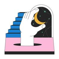 Fantasy surreal night flat line concept vector spot illustration. Staircase crescent 2D cartoon outline scene on white for web UI design. Holding moon esoteric editable isolated color hero image