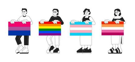 Optimistic lgbt people hold pride flags monochrome concept vector spot illustrations pack. Gender diversity 2D flat bw cartoon characters for web UI design. Isolated editable creative hero images set