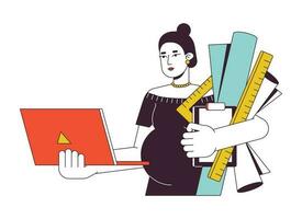 Woman with laptop, rulers, drawings flat line concept vector spot illustration. Pregnant architect 2D cartoon outline character on white for web UI design. Editable isolated color hero image